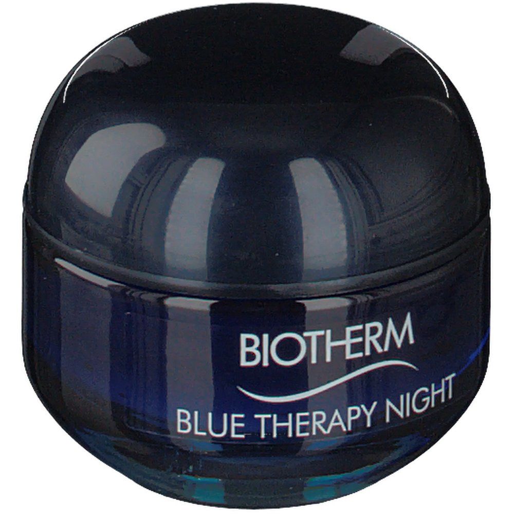 Blauer Tiegel mit Deckel. Aufschrift: BIOTHERM BLUE THERAPY NIGHT.