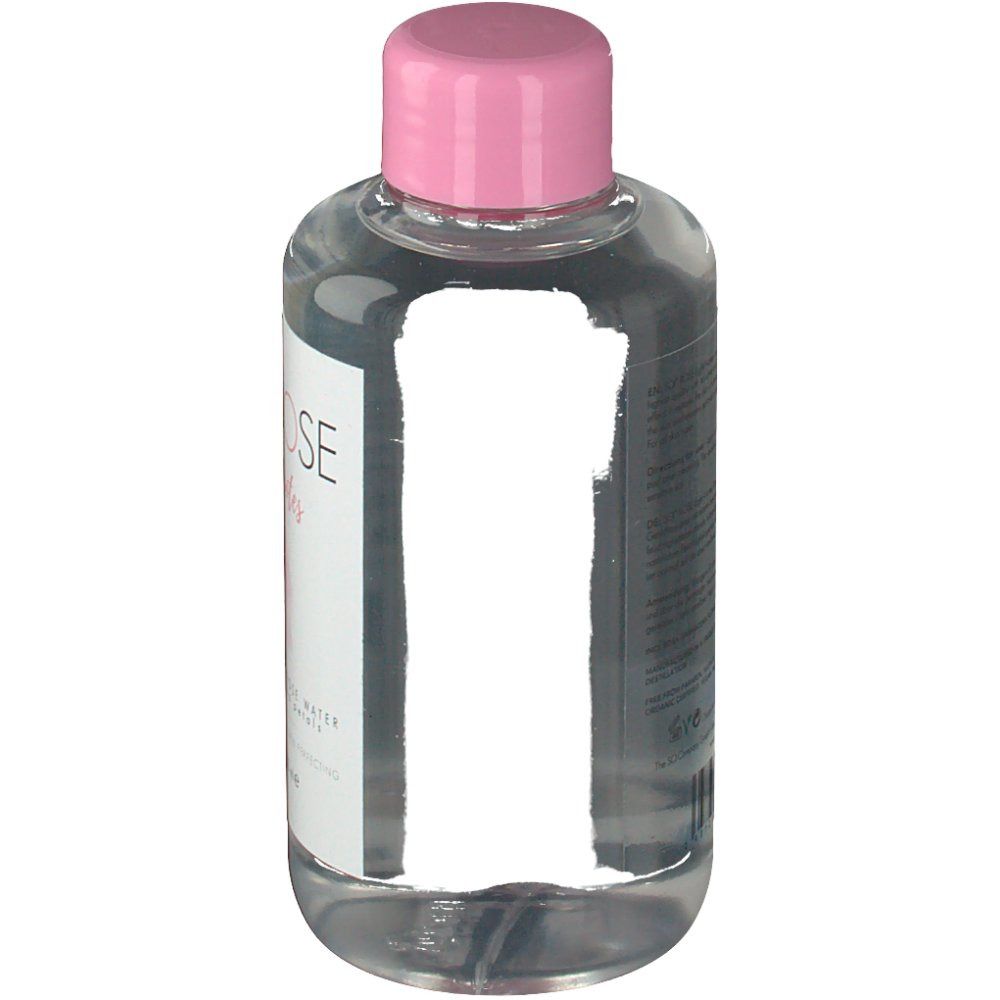 SO! ROSE Gesichtstoner. Transparente Flasche mit rosa Deckel. Etikett mit Produktinformationen.