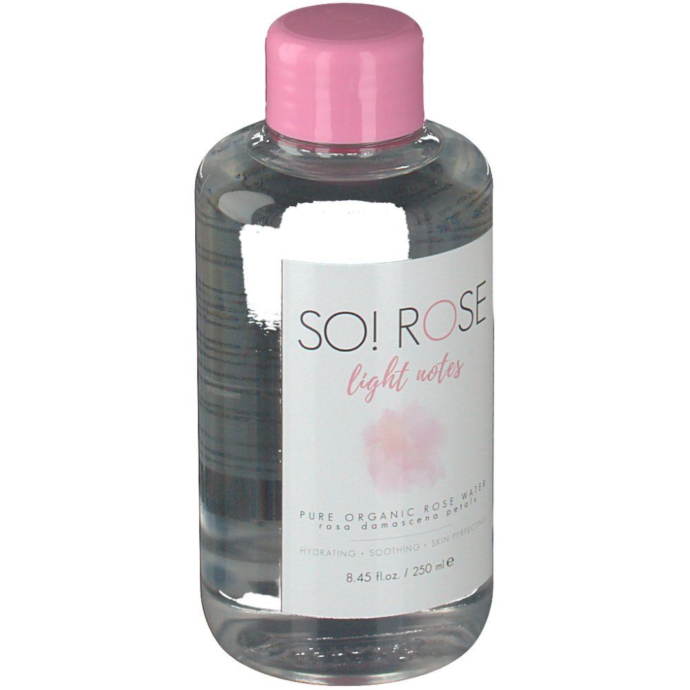 SO! ROSE light notes Gesichtstoner. Transparente Flasche mit rosa Deckel. Etikett mit Produktnamen und Inhaltsangaben.