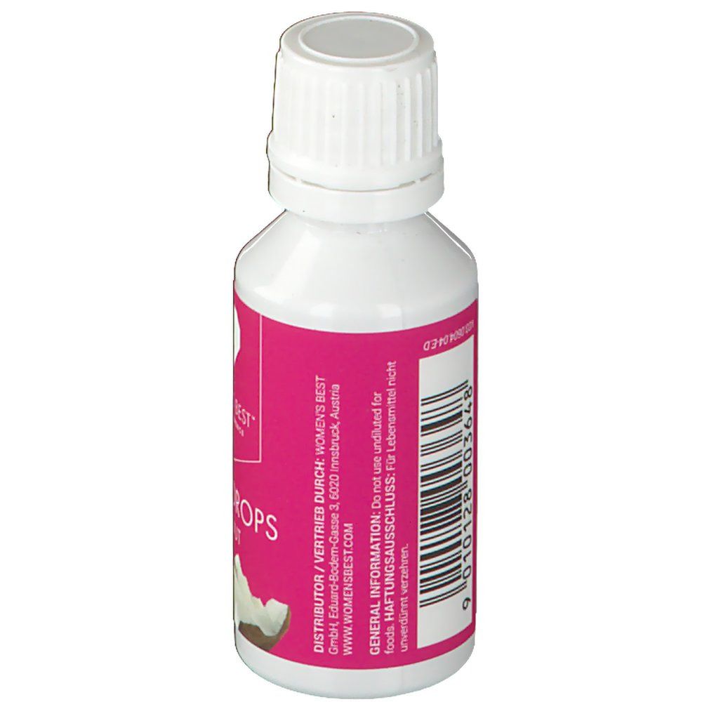 Weiße Flasche mit rosa Etikett. Aufschrift: WOMEN'S BEST, Flavor Drops Coconut. Barcode und Text.