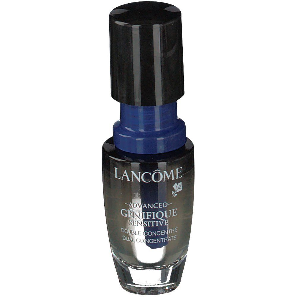 Lancôme Genifique Sensitive. Flakon mit schwarzem Deckel und blauem Applikator. Klarer, durchsichtiger Behälter.