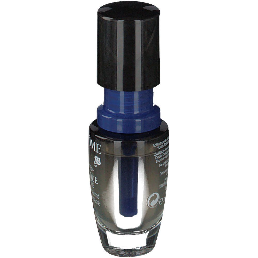 Lancôme Genifique Sensitive. Rückansicht des Flakons mit schwarzem Deckel und blauem Applikator. Transparenter Behälter.