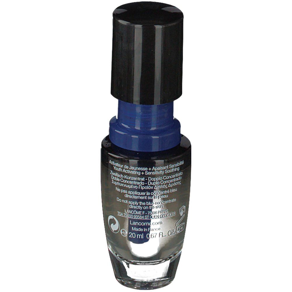 Lancôme Genifique Sensitive. Rückansicht des Flakons mit Text. Schwarzer Deckel, blauer Applikator. Transparenter Behälter.