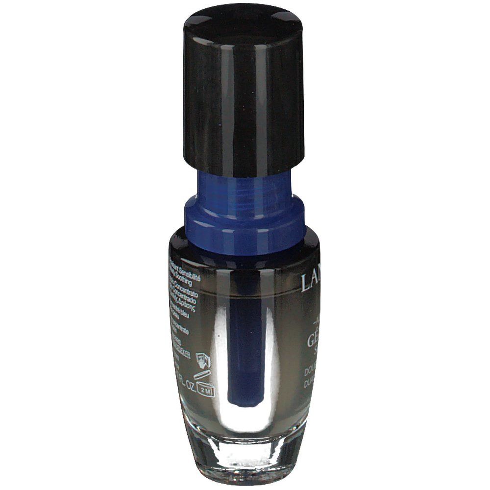 Lancôme Genifique Sensitive. Rückansicht des Flakons mit Text. Schwarzer Deckel, blauer Applikator. Transparenter Behälter.
