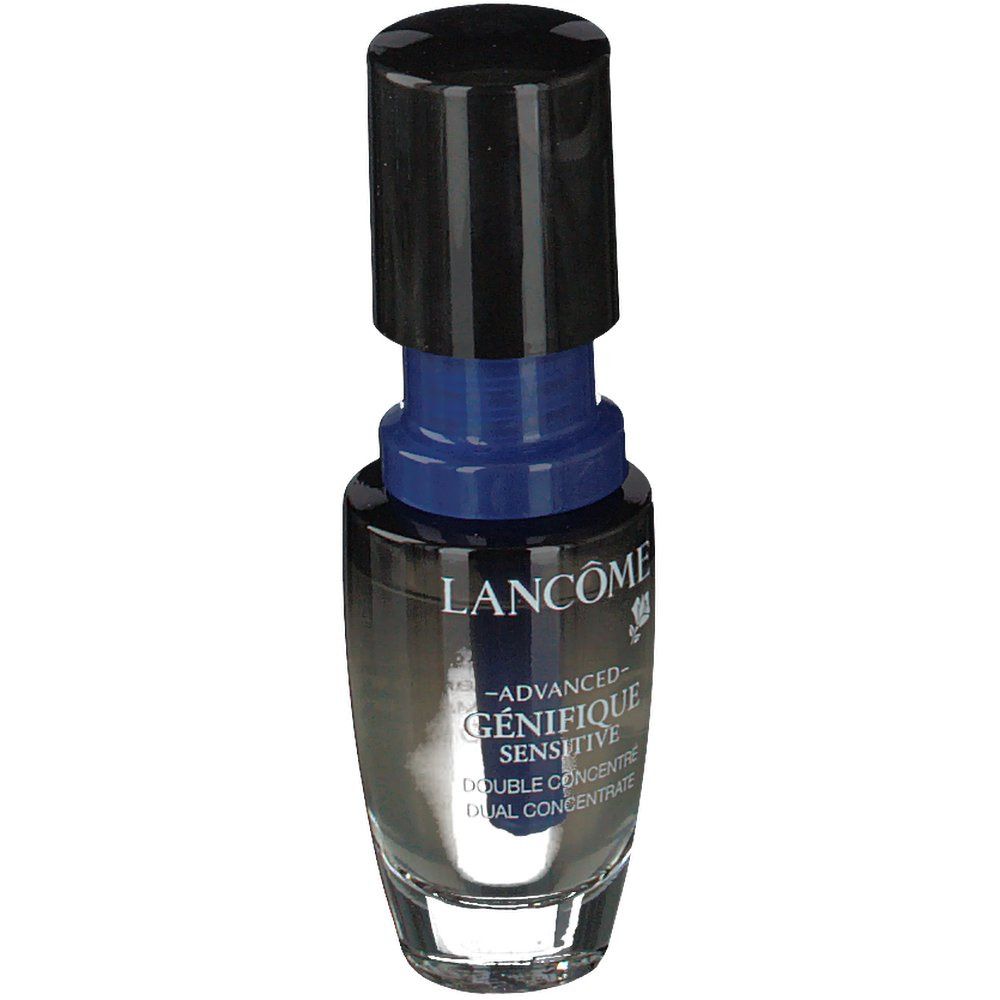 Lancôme Genifique Sensitive. Flakon mit schwarzem Deckel und blauem Applikator. Klarer, durchsichtiger Behälter.