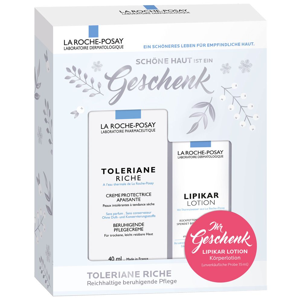 Geschenkset von La Roche-Posay. Enthält Toleriane Riche Creme und Lipikar Lotion. Verpackung mit floralem Design und Text.