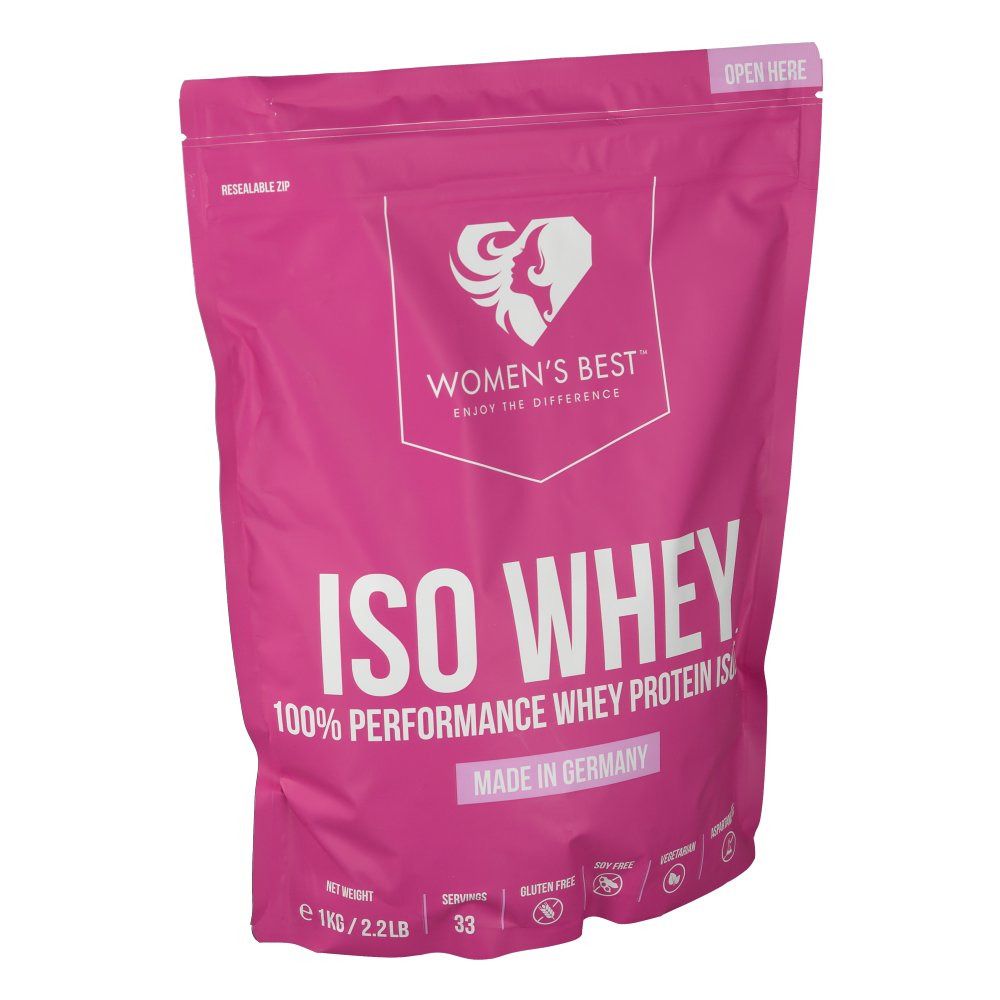 Rosa Beutel mit "WOMEN'S BEST" und "ISO WHEY" Aufdruck. Enthält 1 kg Protein Isolat. Hergestellt in Deutschland.