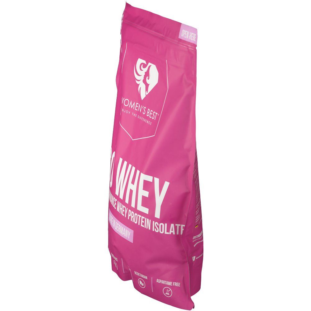 Rosa Beutel, Seitenansicht. "WOMEN'S BEST" und "ISO WHEY" Schriftzug. Hergestellt in Deutschland. Mit Reißverschluss.