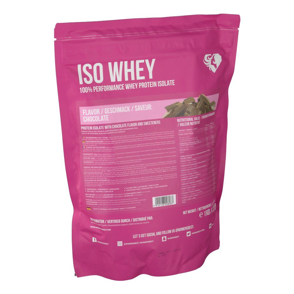 Rückseite eines rosa Beutels mit "ISO WHEY" Aufdruck. Enthält Informationen zu Geschmack und Nährwerten. 1 kg.