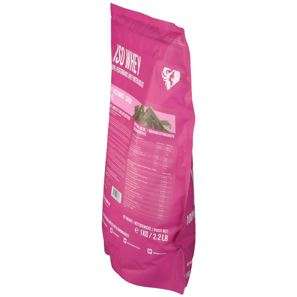 Seitenansicht eines rosa Beutels mit "ISO WHEY" Aufdruck. Informationen zu Geschmack und Nährwerten. 1 kg.