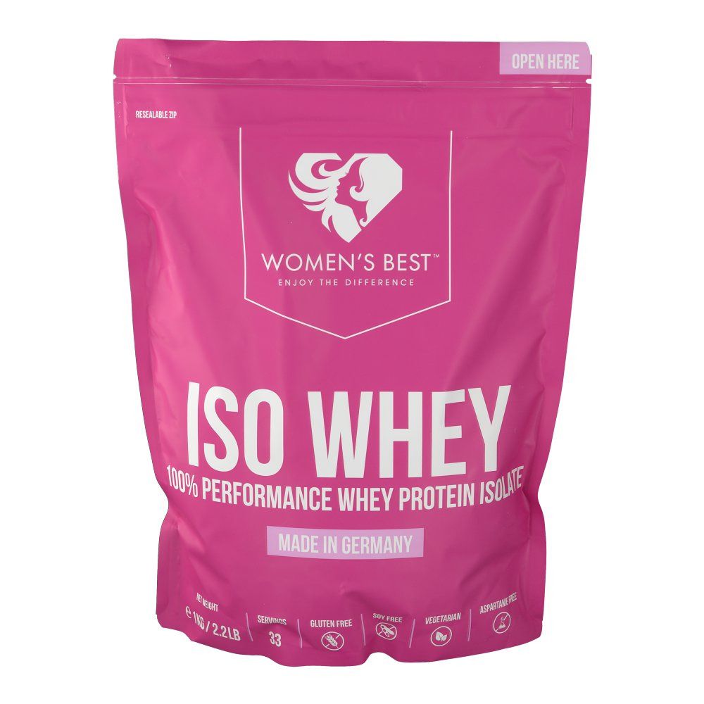 Rosa Beutel mit "WOMEN'S BEST" und "ISO WHEY" Aufdruck. Enthält 1 kg Protein Isolat. Hergestellt in Deutschland.