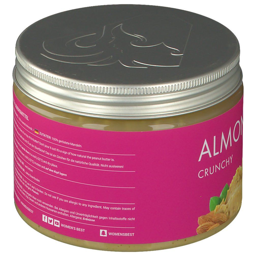 Mandelbutterglas. Rosa Etikett mit Text und Logo Women's Best. Informationen über Zutaten und Allergene.