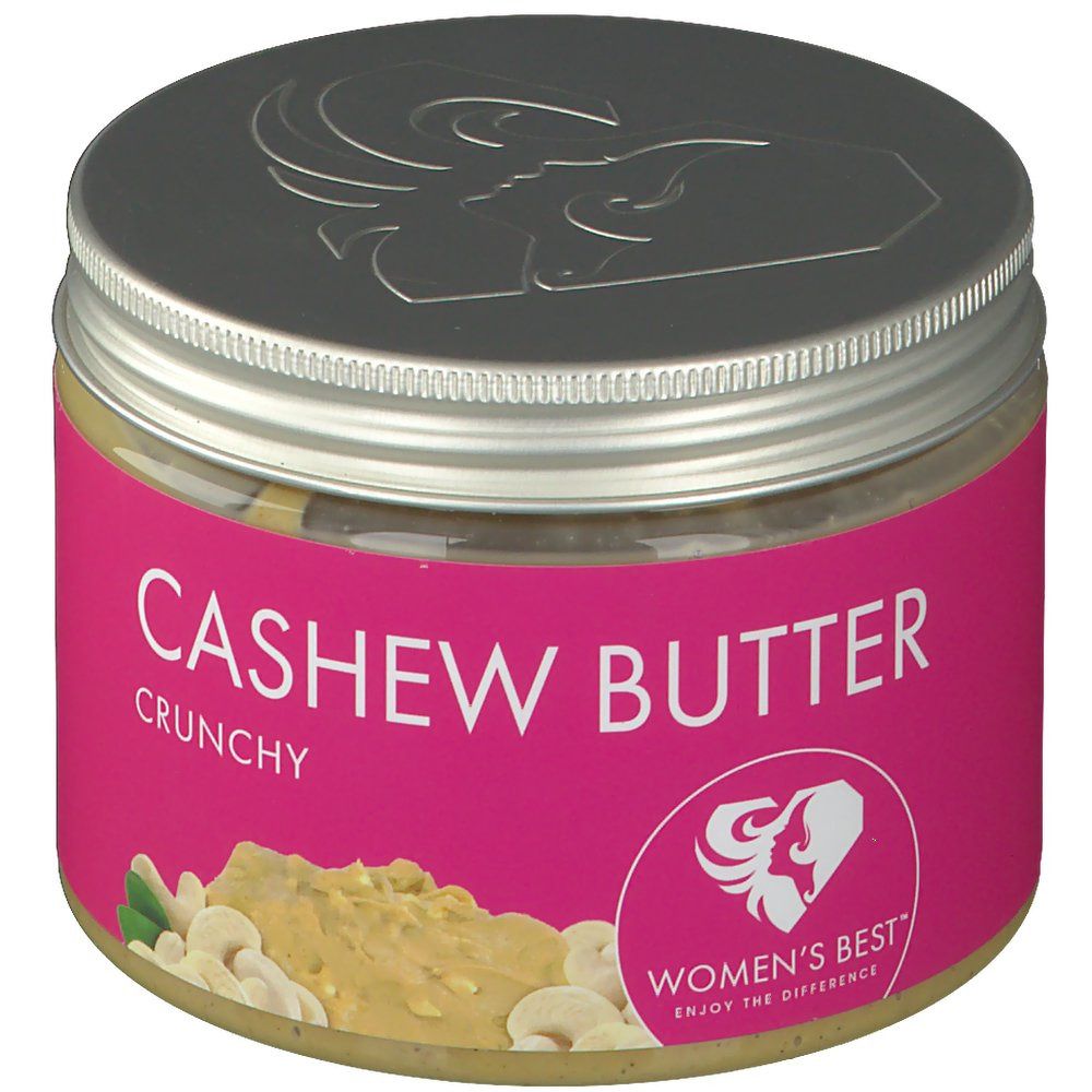 Glas mit Cashew-Butter. Rosa Etikett mit Schriftzug "Cashew Butter Crunchy" und Logo. Sichtbare Cashew-Stücke.