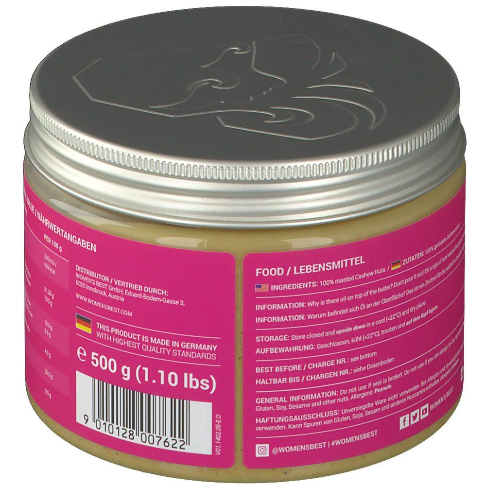 Rückseite eines Glases Cashew-Butter. Rosa Etikett mit Text und Logo. Enthält Informationen zu Inhaltsstoffen und Lagerung.