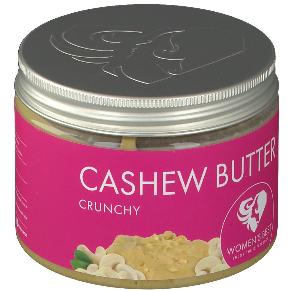 Glas mit Cashew-Butter. Rosa Etikett mit Schriftzug "Cashew Butter Crunchy" und Logo. Sichtbare Cashew-Stücke.
