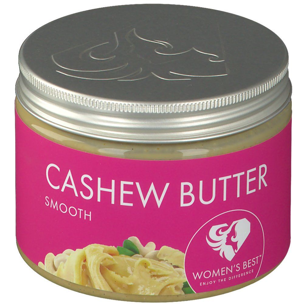 Glas mit Cashew Butter. Rosa Etikett mit Schriftzug "CASHEW BUTTER SMOOTH" und Logo. Unten Cashew-Nüsse.