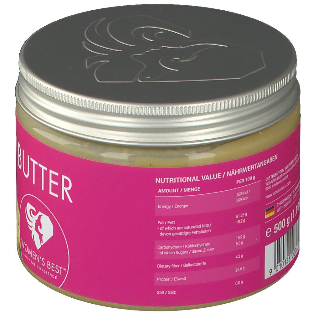 Glas mit Cashew Butter. Rosa Etikett mit Nährwertangaben. Logo von WOMEN'S BEST. 500g.