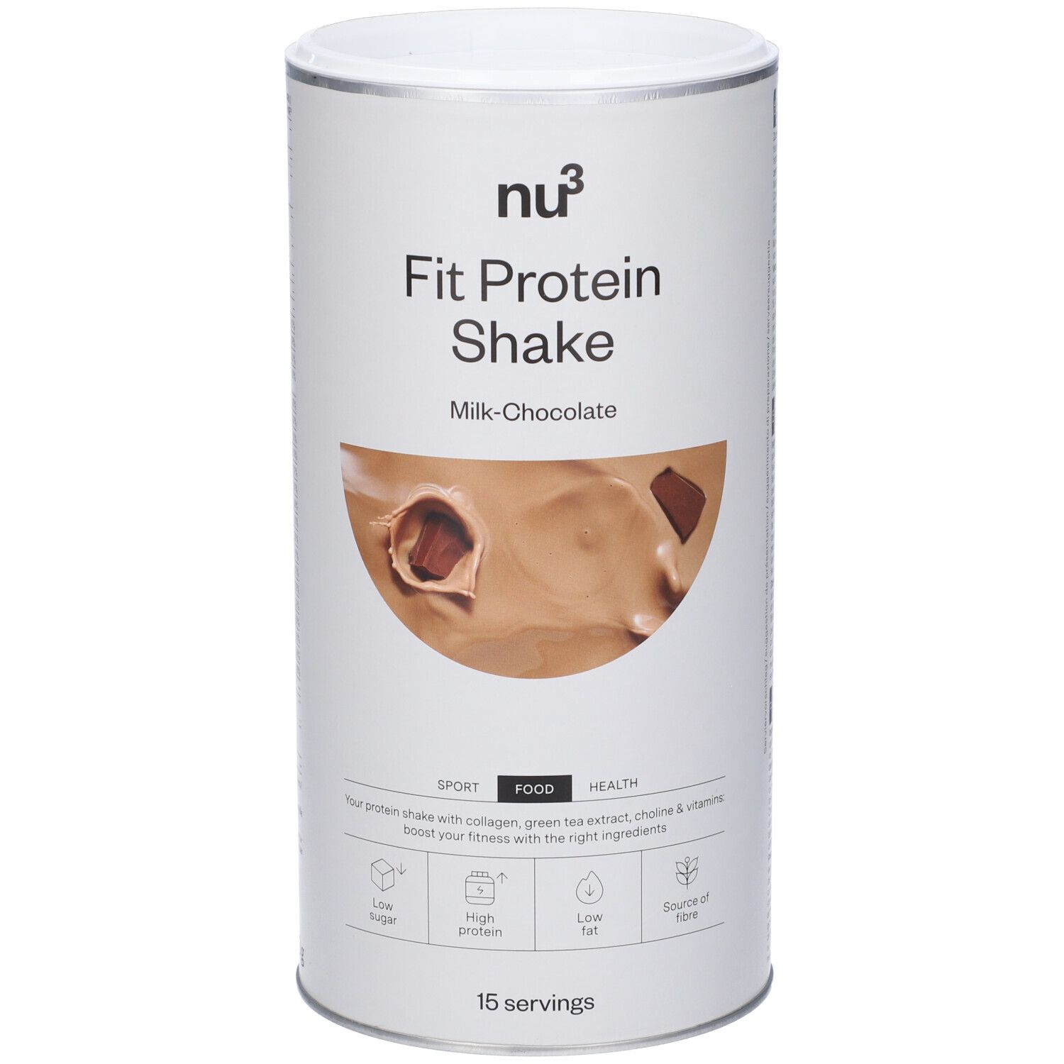 Zylindrische Dose mit "nu3 Fit Protein Shake", Milch-Schokolade. Enthält 15 Portionen. Aufschrift: Sport, Food, Health.