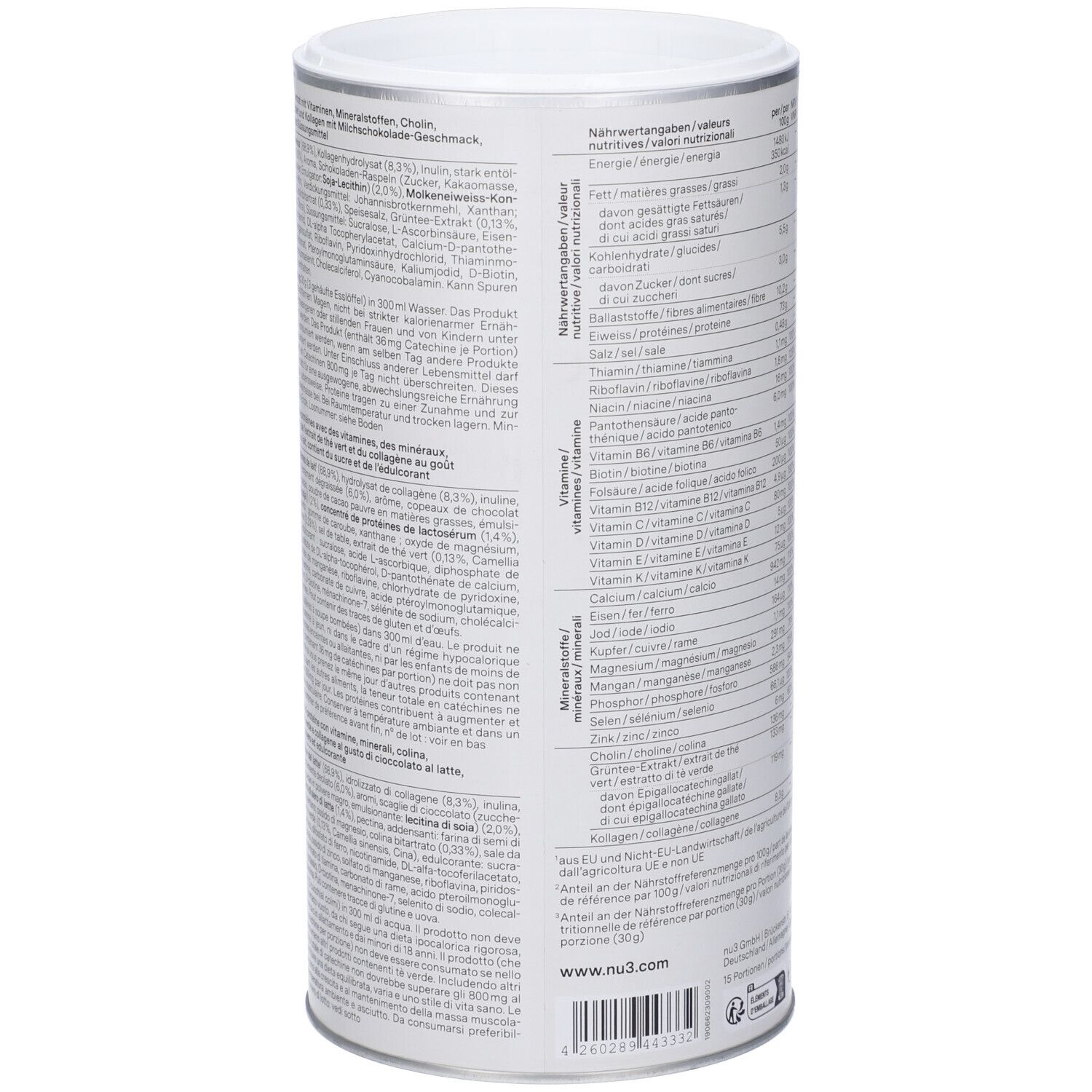 Rückseite der Dose "nu3 Fit Protein Shake". Enthält Nährwertangaben und Inhaltsstoffe. Marke: nu3. Gewicht: 450g.