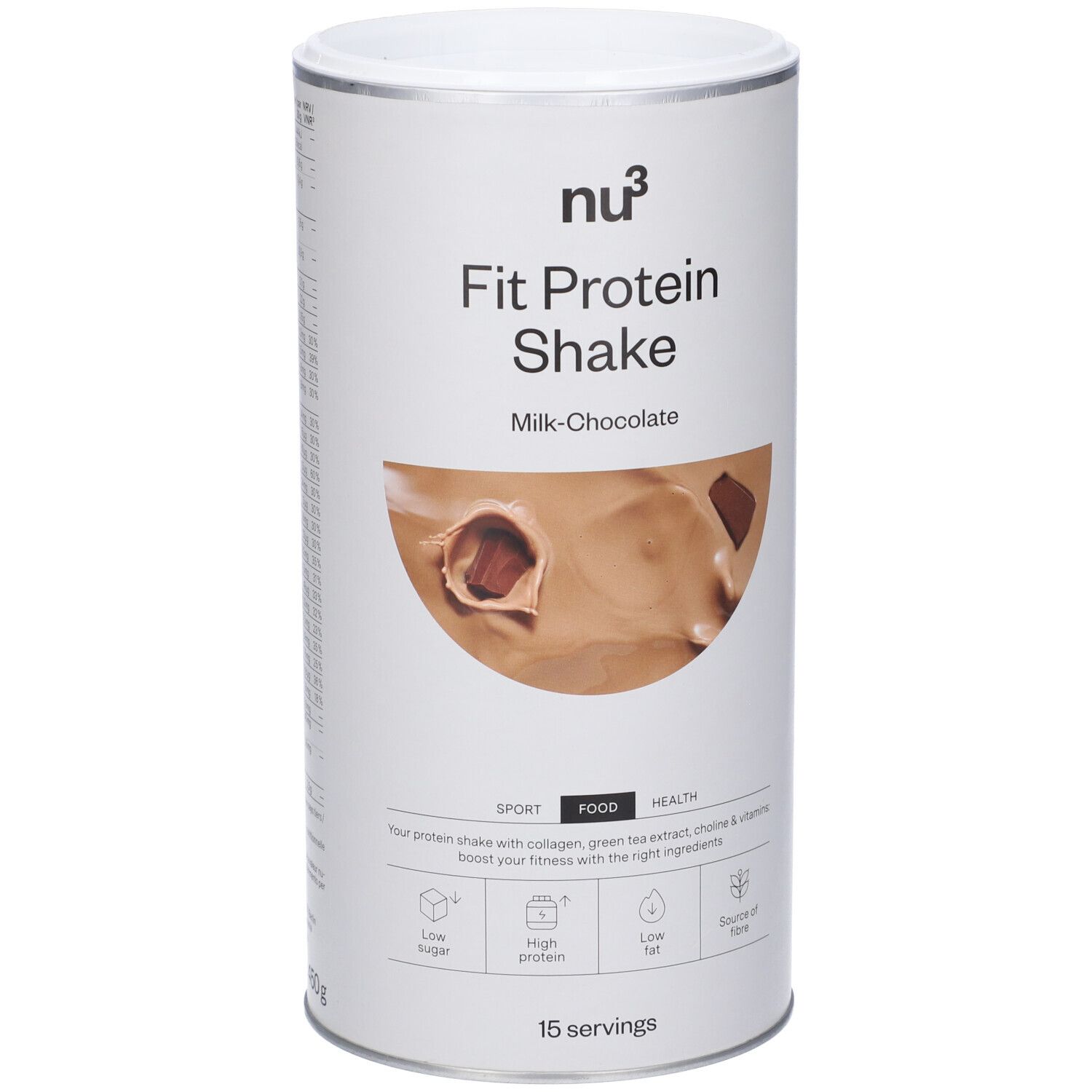 Zylindrische Dose mit "nu3 Fit Protein Shake", Milch-Schokolade. Enthält 15 Portionen. Aufschrift: Sport, Food, Health.