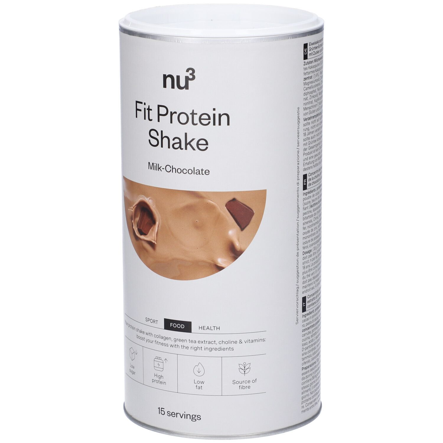 Zylindrische Dose mit "nu3 Fit Protein Shake", Milch-Schokolade. Enthält 15 Portionen. Aufschrift: Sport, Food, Health.
