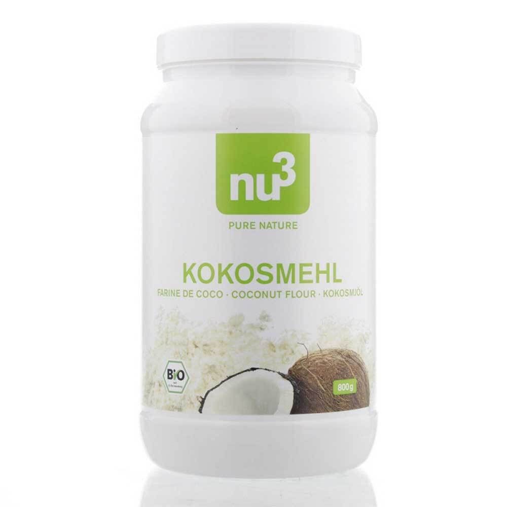 Weiße Dose mit nu3 Bio-Kokosmehl. Aufschrift: Kokosmehl, Kokosnuss-Abbildung, Bio-Siegel.