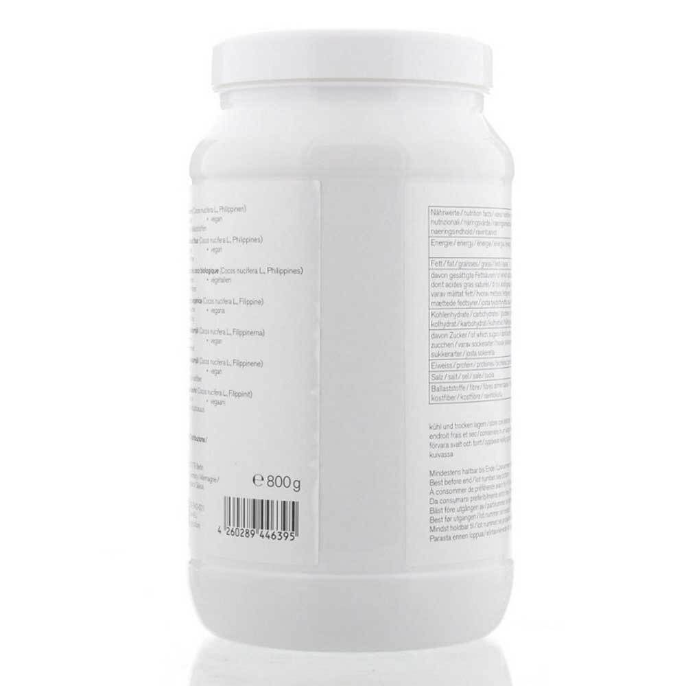 Weiße Dose, Seitenansicht mit Nährwertangaben und Text. E 800g.