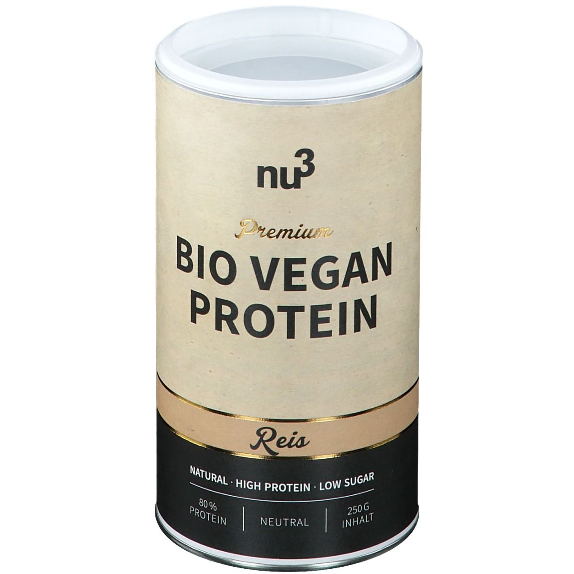 Zylindrische Dose mit "nu3 Premium Bio Vegan Protein". Aufschrift: Reis, 80% Protein, Natural, Low Sugar, 250g.