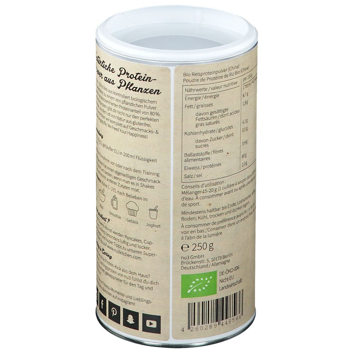 Rückseite der Dose "nu3 Premium Bio Vegan Protein". Nährwerttabelle, Anwendungshinweise, Bio-Siegel, 250g Inhalt.