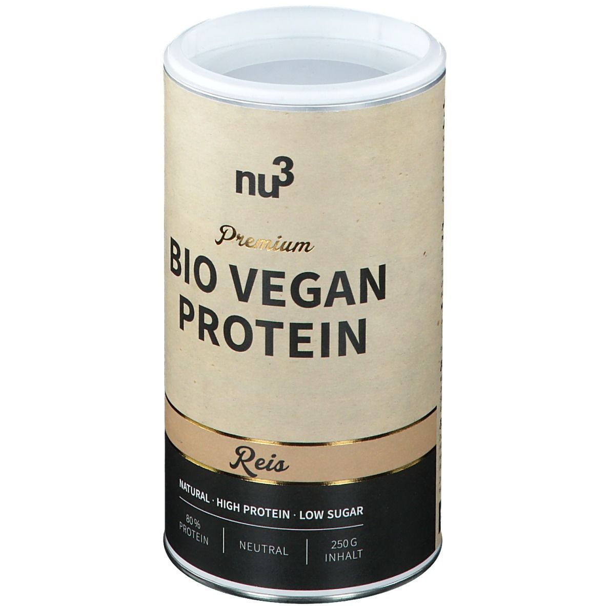 Zylindrische Dose "nu3 Premium Bio Vegan Protein". Aufschrift: Reis, 80% Protein, Natural, Low Sugar, 250g.