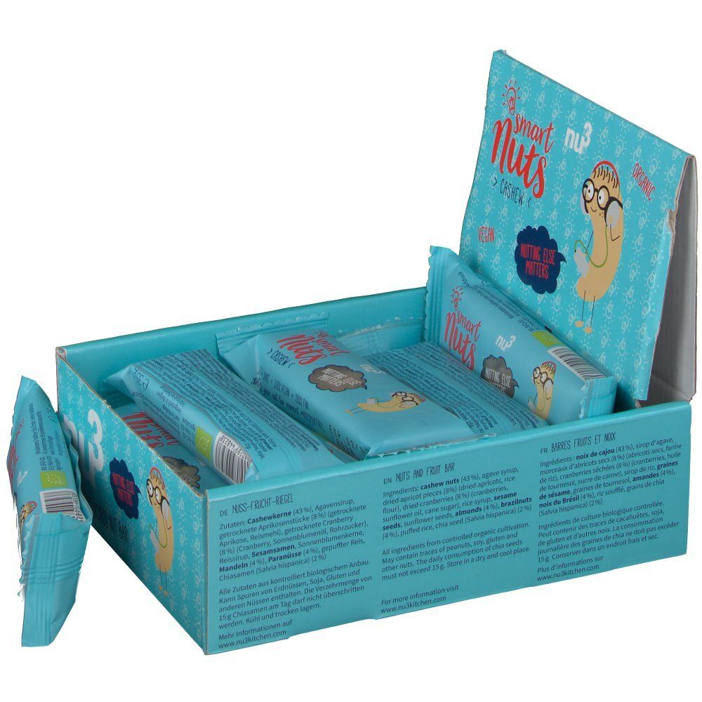 Geöffnete hellblaue Schachtel mit Riegeln. Aufschrift: smart Nuts. Text auf der Verpackung. Zutatenliste.