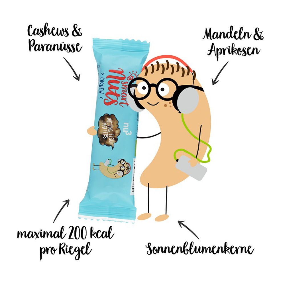 Cartoon-Figur mit Riegel. Aufschrift: smart Nuts, Cashew. Pfeile zeigen auf Cashewnüsse, Sonnenblumenkerne, Mandeln und Aprikosen.