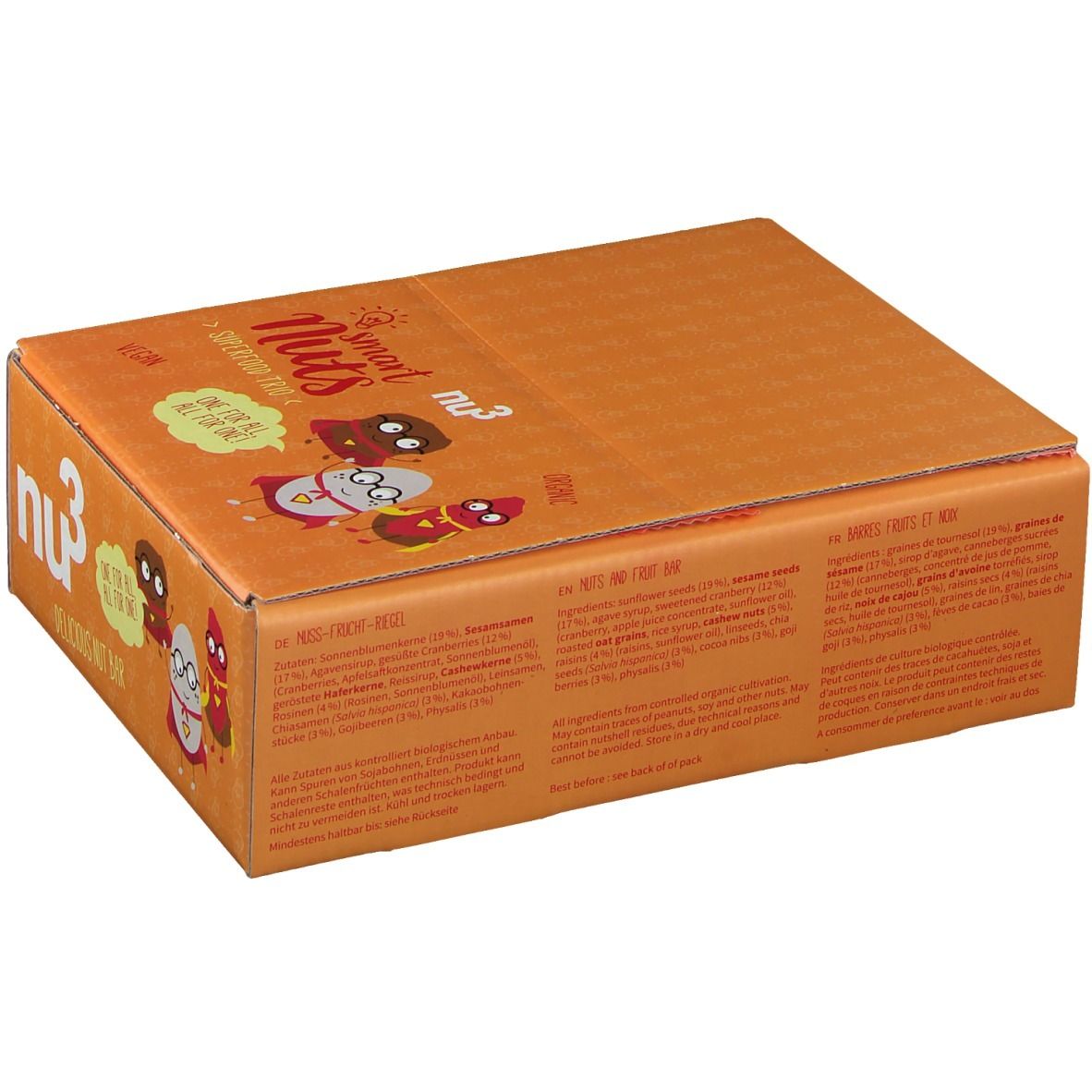 Geschlossene orangefarbene Schachtel mit nu3 Smart Nuts. Aufdruck: Smart Nuts, Superfood Trio, vegan. Rückseite mit Text.