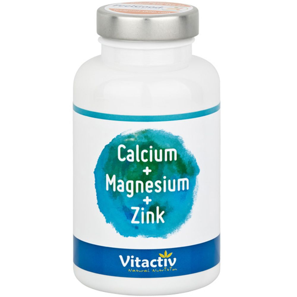 Weiße Flasche mit blauem Etikett. Aufschrift: Calcium + Magnesium + Zink. Marke: Vitactiv Natural Nutrition.