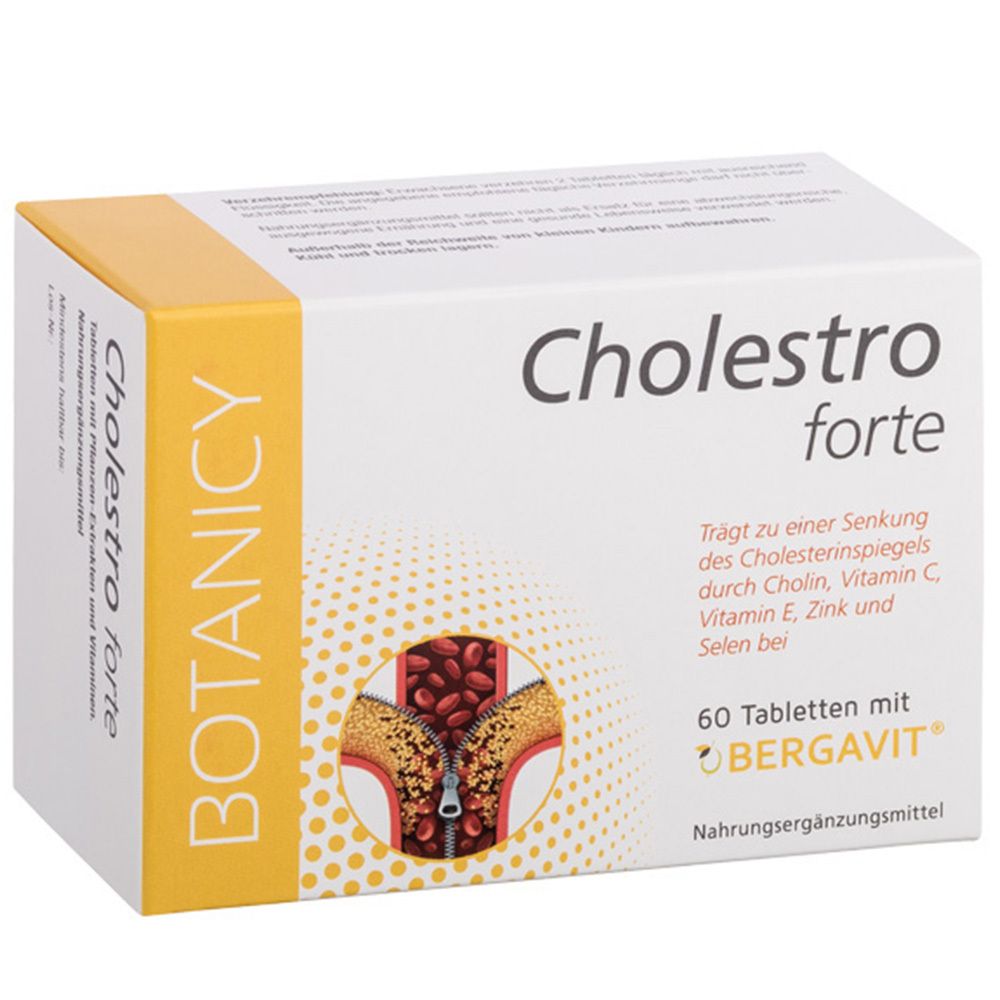 Karton BOTANICY Cholestro forte. Enthält 60 Tabletten mit BERGAVIT. Illustration von Cholesterin.