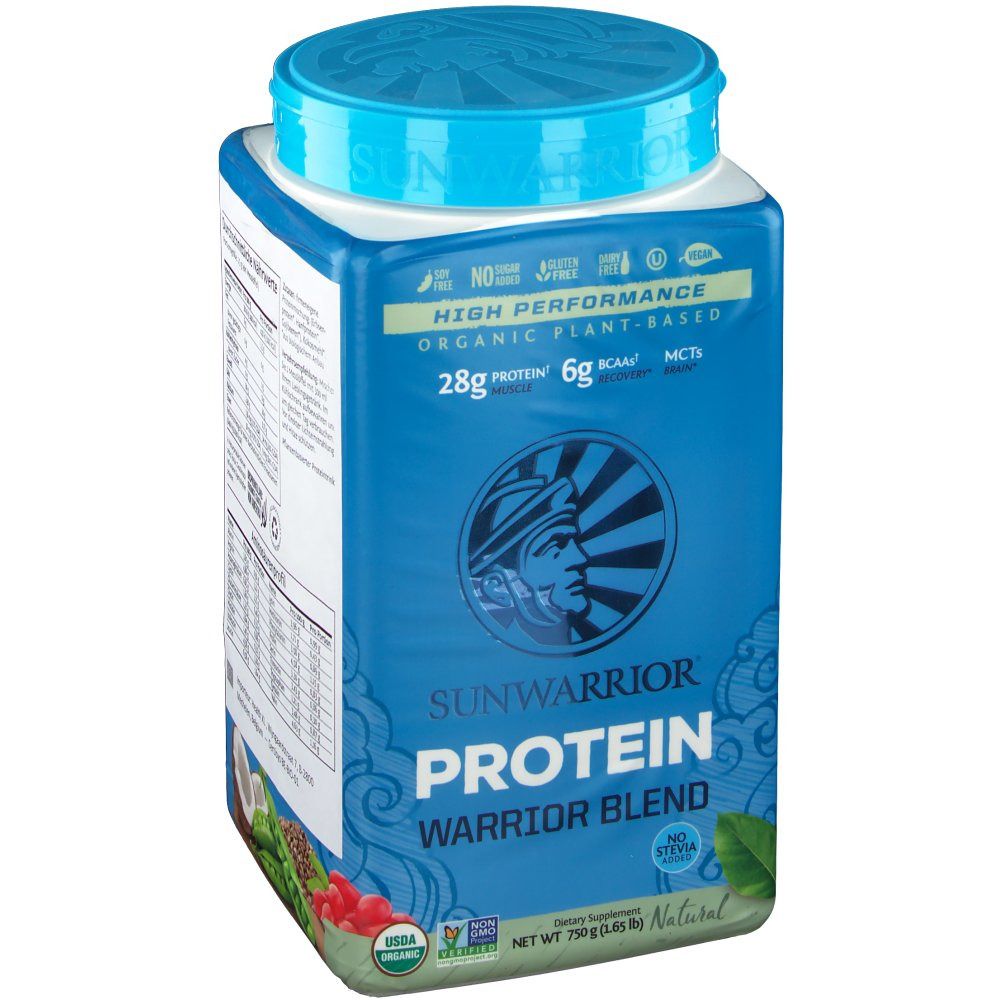 Blau-weiße Dose SUNWARRIOR Protein Warrior Blend. Deckel blau. Aufschrift: 28g Protein, 6g BCAAs. USDA Organic Siegel.