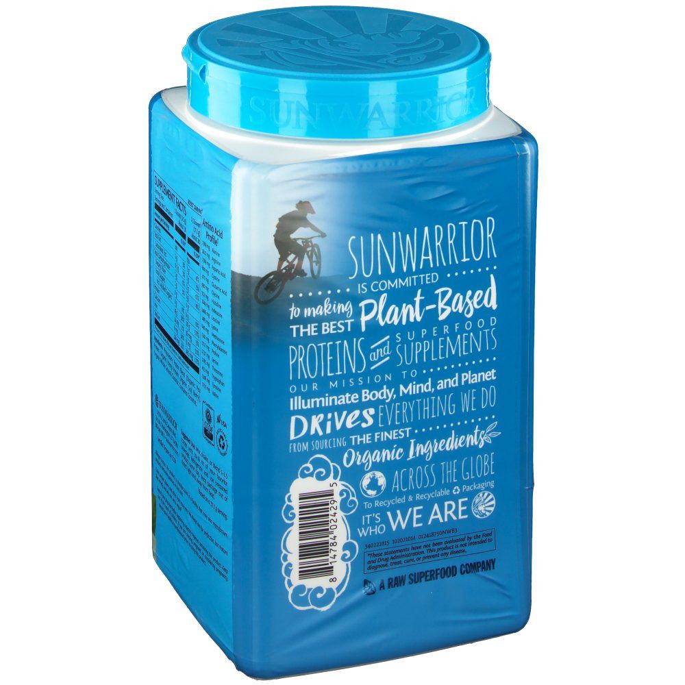 Dose SUNWARRIOR Protein Warrior Blend. Aufschrift: Plant-Based Proteine und Supplements. Logo: Fahrradfahrer. Text: Organic Ingredients.