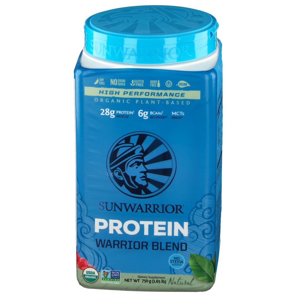 Blau-weiße Dose SUNWARRIOR Protein Warrior Blend. Deckel blau. Aufschrift: 28g Protein, 6g BCAAs. USDA Organic Siegel.
