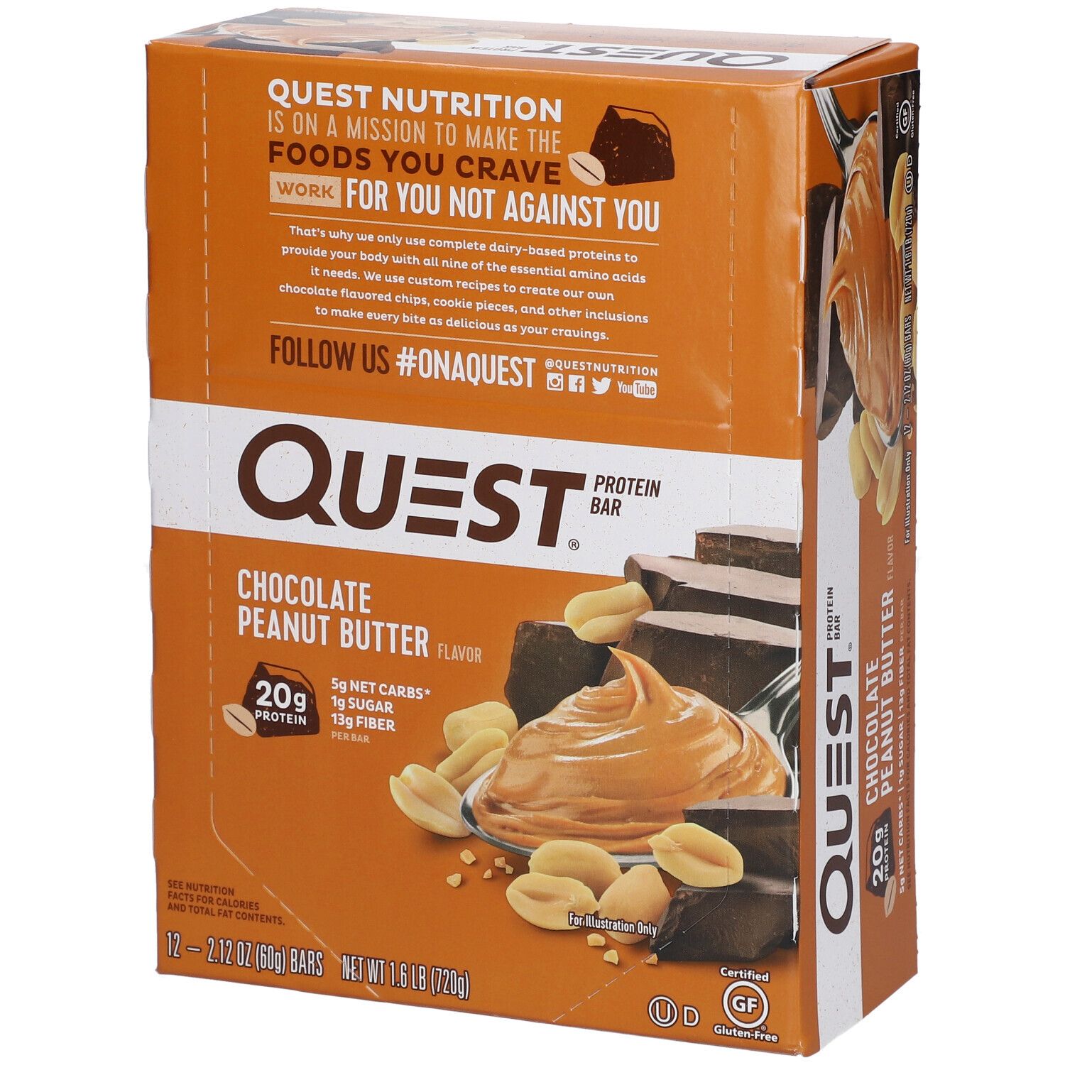 Quest Bar Schokolade-Erdnussbutter, Verpackung. Aufdruck: Quest, Schokolade-Erdnussbutter, 20g Protein, 1g Zucker, 13g Ballaststoffe. 12 Riegel.