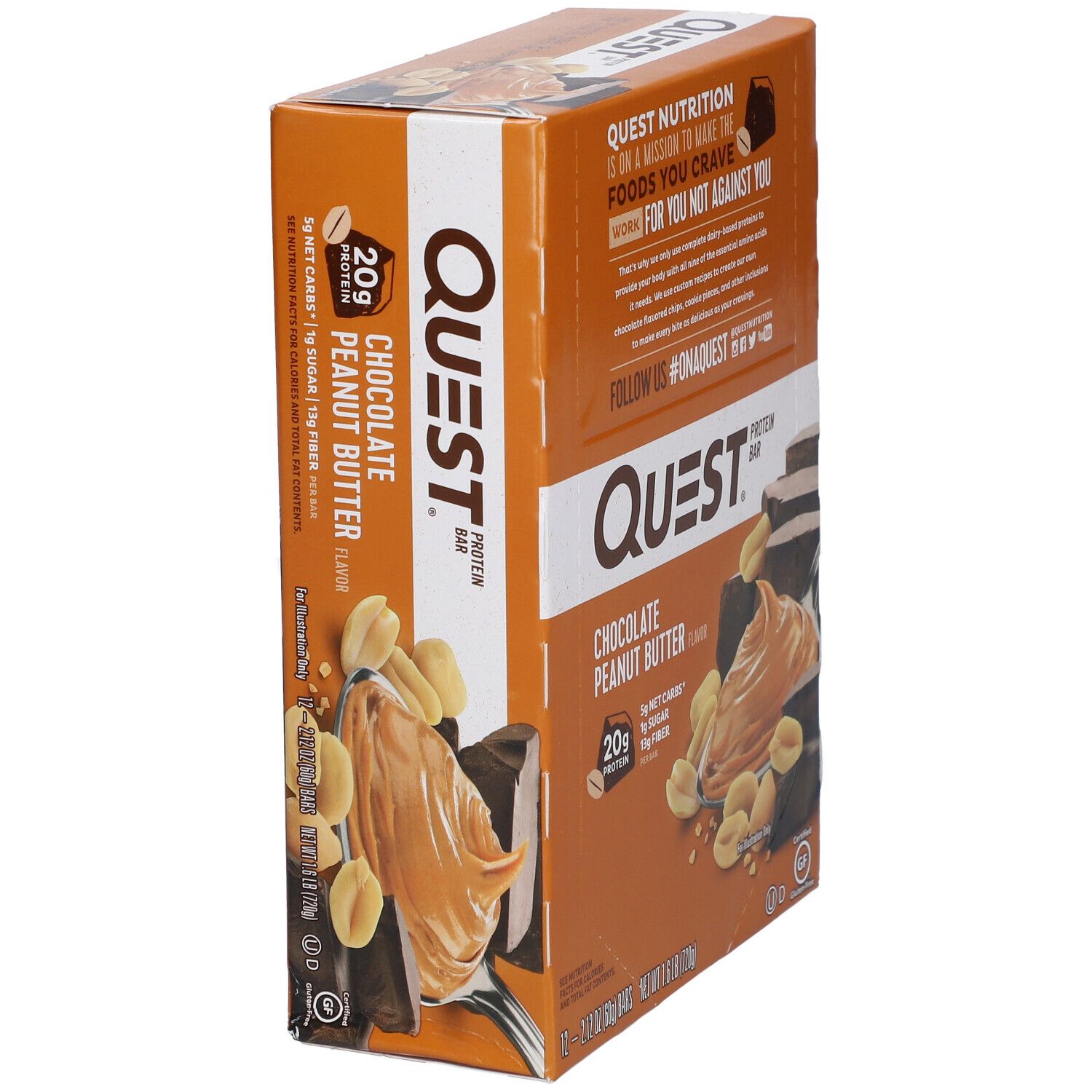 Quest Bar Schokolade-Erdnussbutter, Verpackung. Aufdruck: Quest, Schokolade-Erdnussbutter, 20g Protein. 12 Riegel. Ansicht von der Seite.