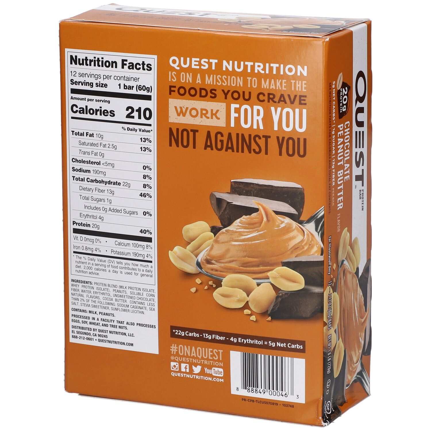 Quest Bar Schokolade-Erdnussbutter, Verpackung. Rückseite mit Nährwertangaben. Aufdruck: Quest, Schokolade-Erdnussbutter. 12 Riegel.
