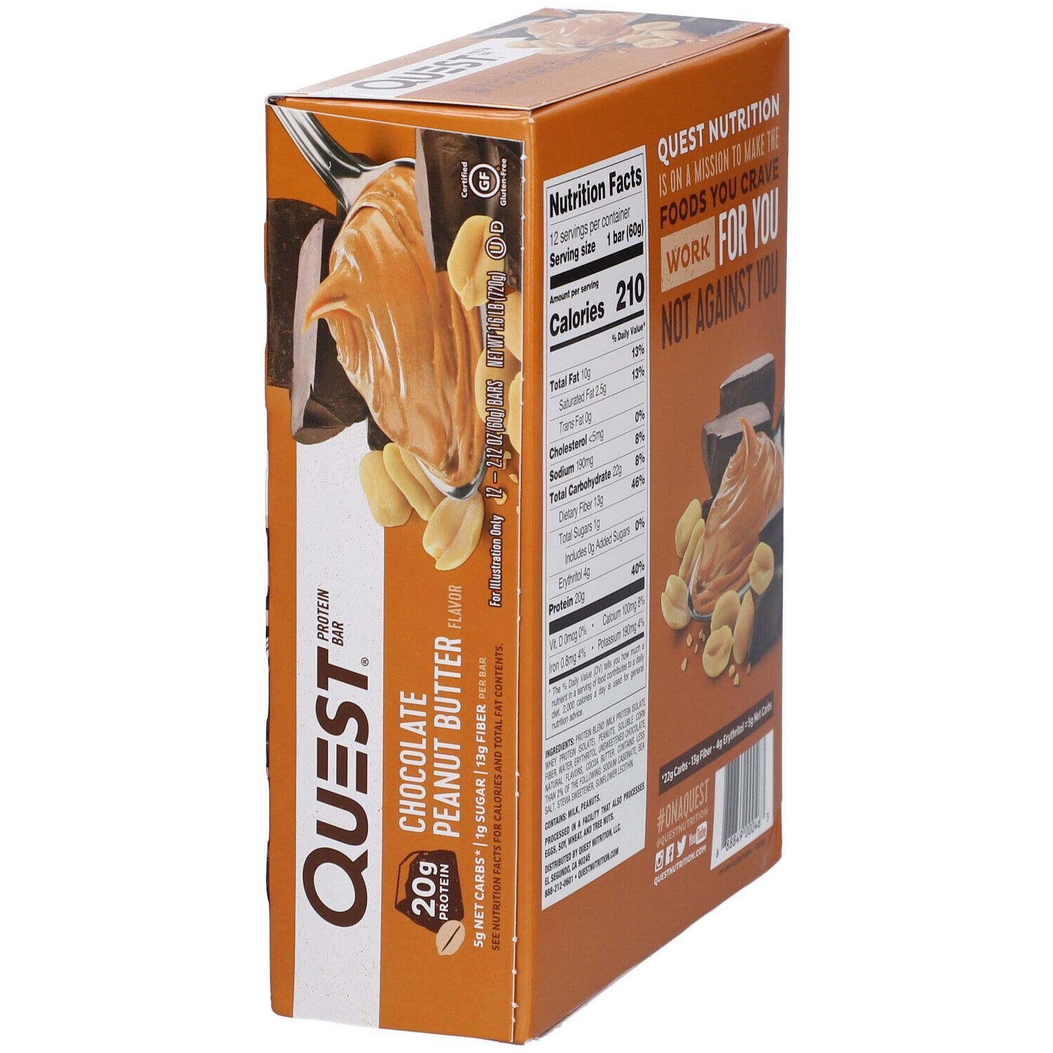 Quest Bar Schokolade-Erdnussbutter, Verpackung. Aufdruck: Quest, Schokolade-Erdnussbutter, 20g Protein. 12 Riegel. Ansicht von der Seite.