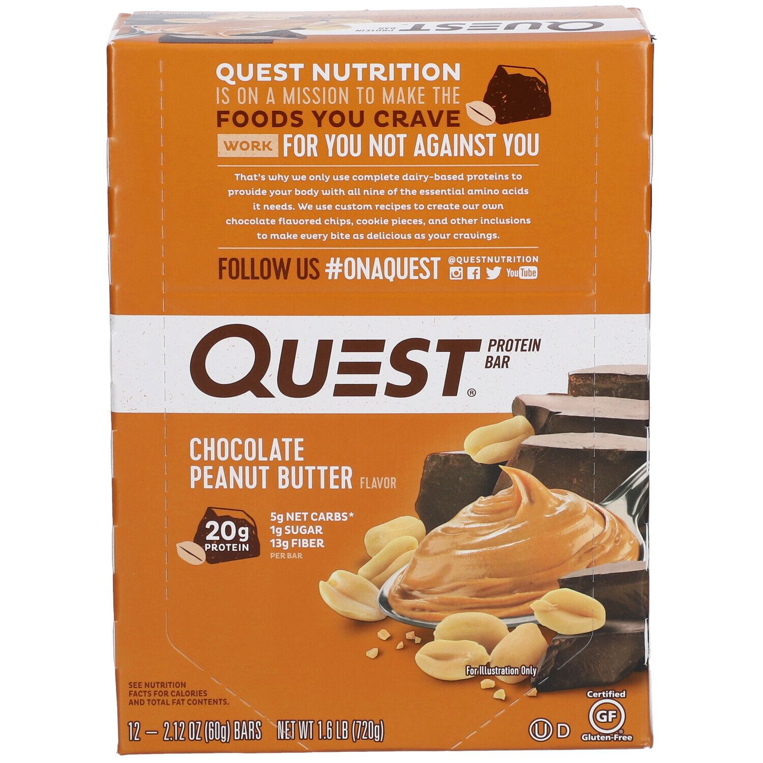 Quest Bar Schokolade-Erdnussbutter, Verpackung. Aufdruck: Quest, Schokolade-Erdnussbutter, 20g Protein, 1g Zucker, 13g Ballaststoffe. 12 Riegel.