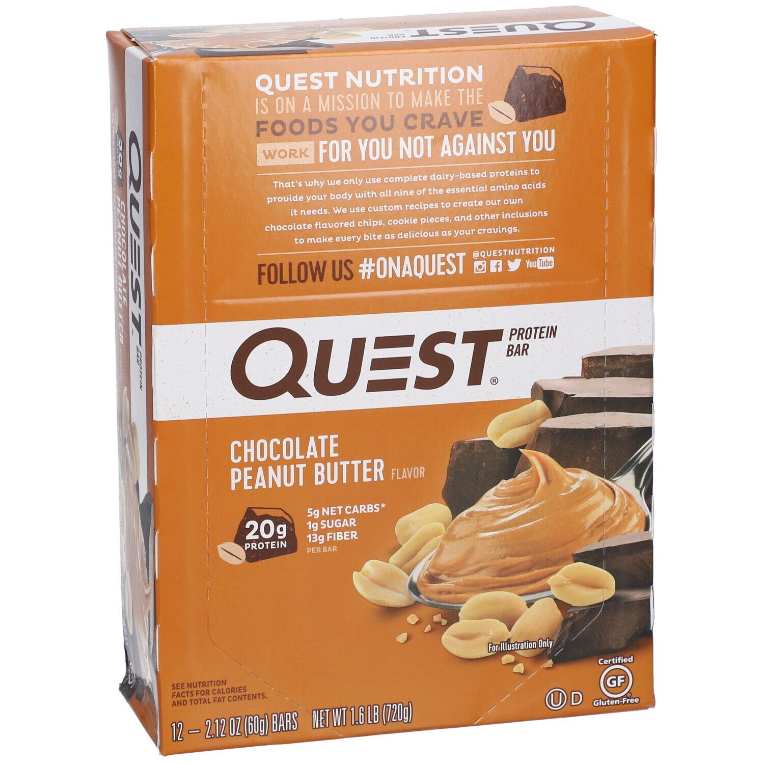 Quest Bar Schokolade-Erdnussbutter, Verpackung. Aufdruck: Quest, Schokolade-Erdnussbutter, 20g Protein, 1g Zucker, 13g Ballaststoffe. 12 Riegel.
