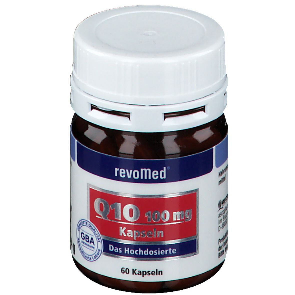 Braune Flasche mit weißem Deckel. Etikett mit "revoMed", "Q10 100 mg Kapseln", "60 Kapseln". GBA-Qualitätssiegel.
