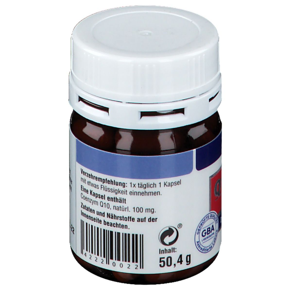 Braune Flasche mit weißem Deckel. Etikett mit Verzehrempfehlung: 1 Kapsel täglich. Enthält Coenzym Q10, natürlich, 100 mg. Inhalt: 50,4 g.