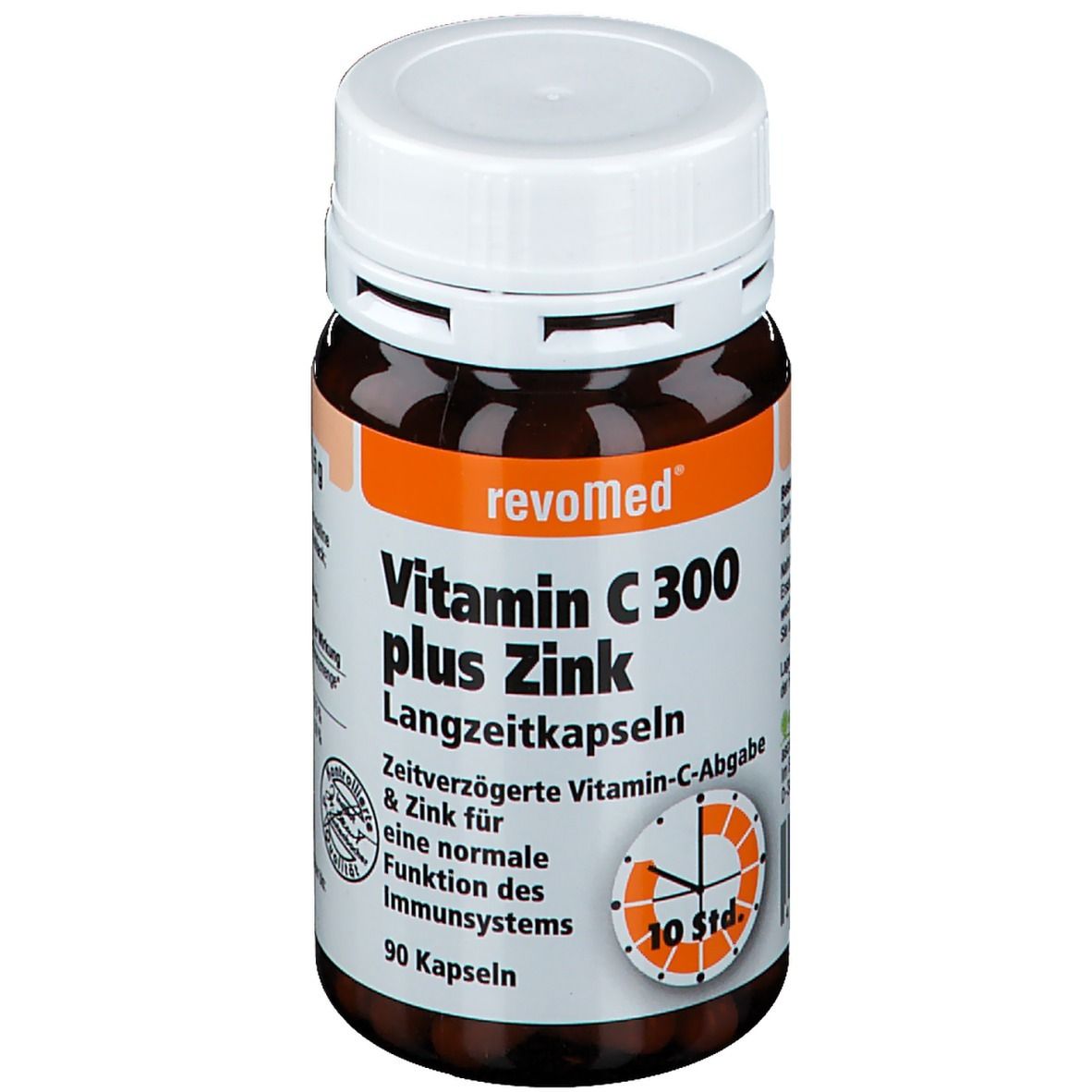 Braune Flasche mit weißem Deckel. Aufschrift: revoMed Vitamin C 300 plus Zink. 90 Kapseln. Zeitverzögerte Vitamin-C-Abgabe.