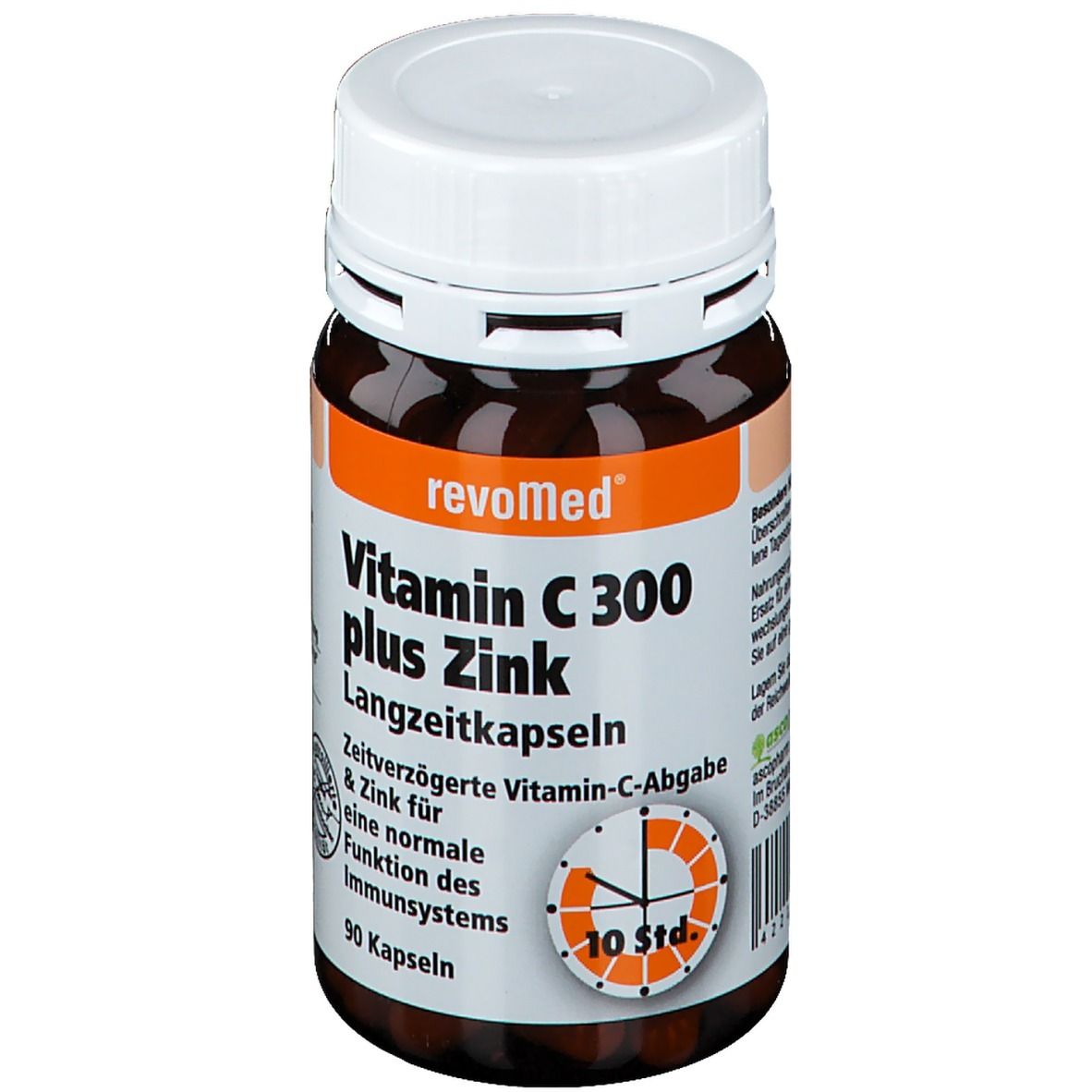 Braune Flasche mit weißem Deckel. Aufschrift: revoMed Vitamin C 300 plus Zink. 90 Kapseln. Zeitverzögerte Vitamin-C-Abgabe.