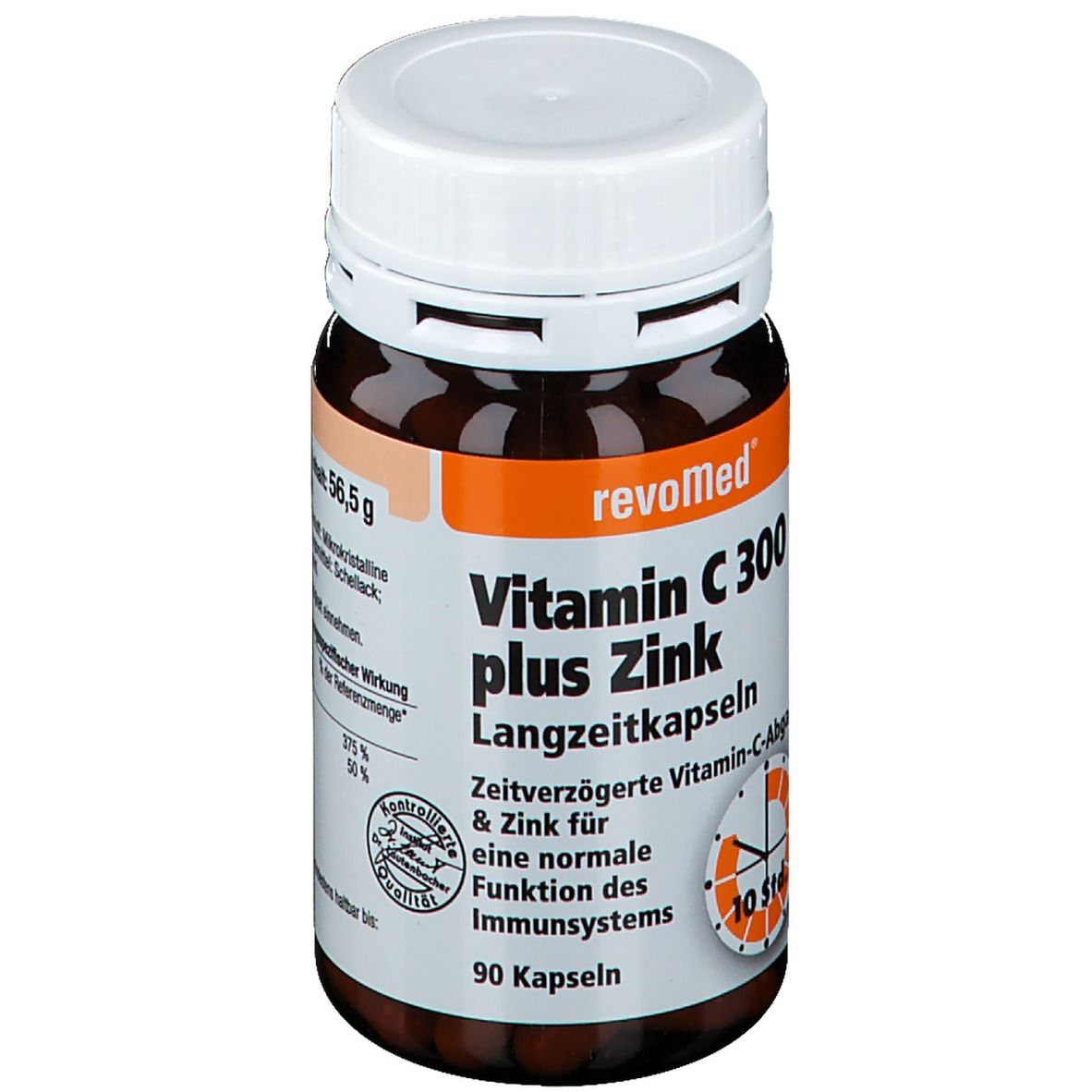 Braune Flasche mit weißem Deckel. Aufschrift: revoMed Vitamin C 300 plus Zink. 90 Kapseln. Zeitverzögerte Vitamin-C-Abgabe. Gewicht: 56,5 g.