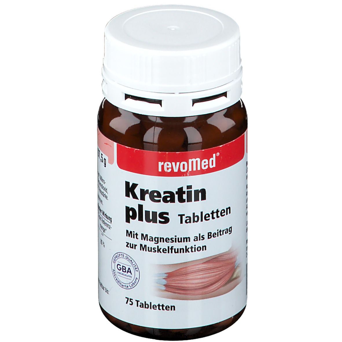 Braune Tablettenflasche mit weißem Deckel. Aufschrift: revoMed Kreatin plus Tabletten. 75 Tabletten. GBA-Qualitätssiegel.